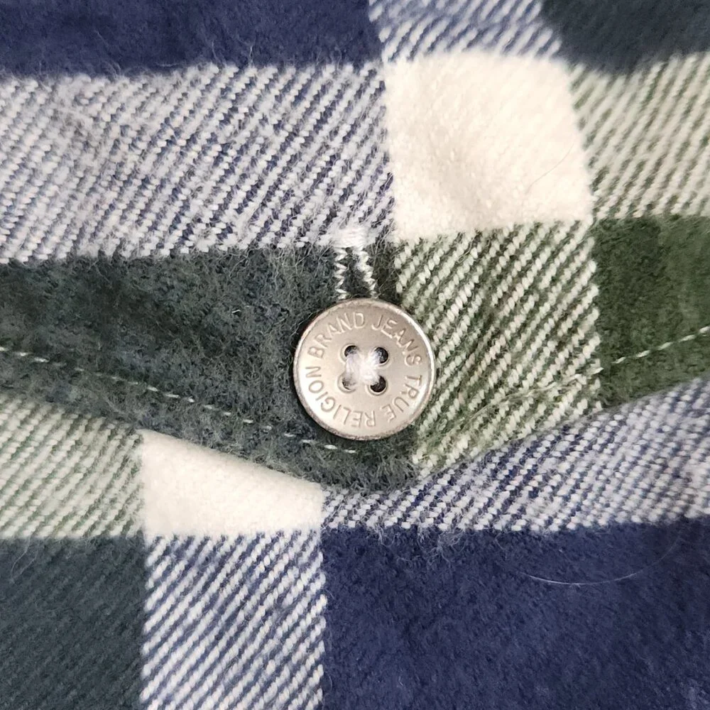 True Religion Shirt Dress Womens Large Green Plaid Flannel Button Down Tie Front - Picture 3 of 10